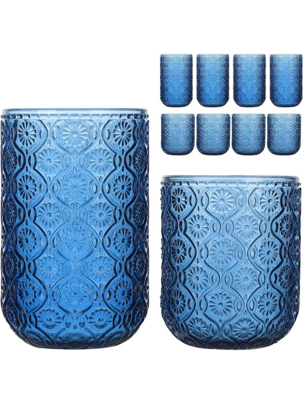 Vintage Embossed Glassware Set - 8 Piece Highball & Rocks Glasses, Art Deco